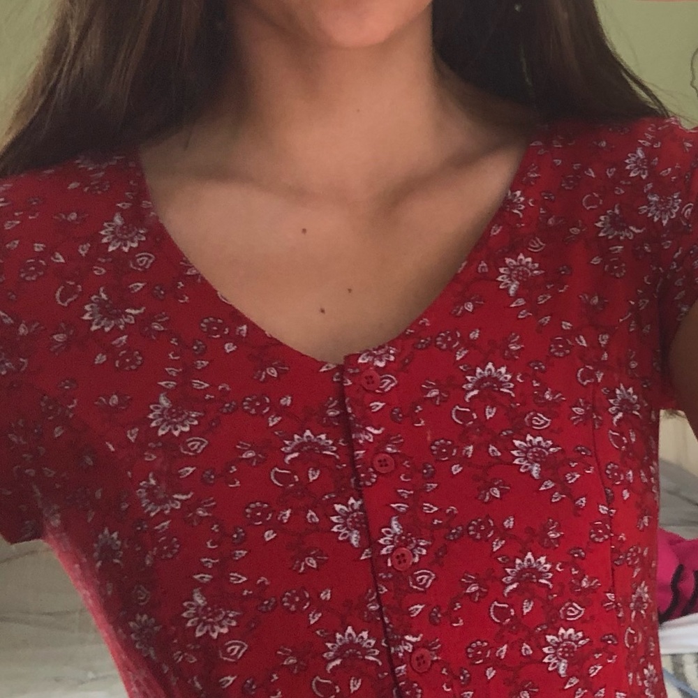 Red Patterned Button Down Dress - image 3